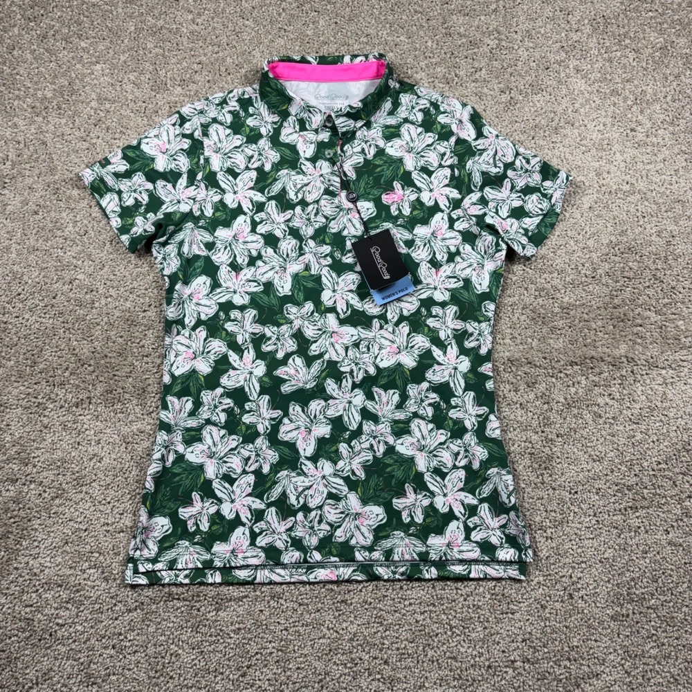 Good Good Golf Womens Azalea Polo Shirt Green Floral Indian Bayou Golf Club S